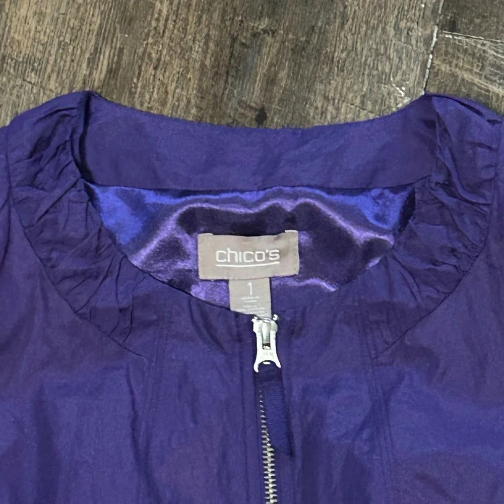 Chicos Purple Full Zip Ruffle Neck Lightweight Jacket Size 1 M Cotton Blend